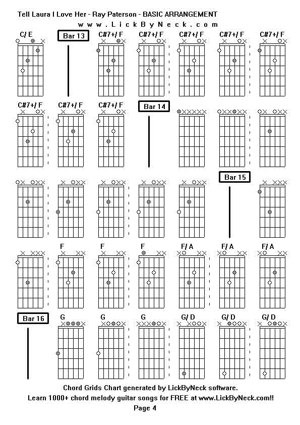 Chord Grids Chart of chord melody fingerstyle guitar song-Tell Laura I Love Her - Ray Paterson - BASIC ARRANGEMENT,generated by LickByNeck software.